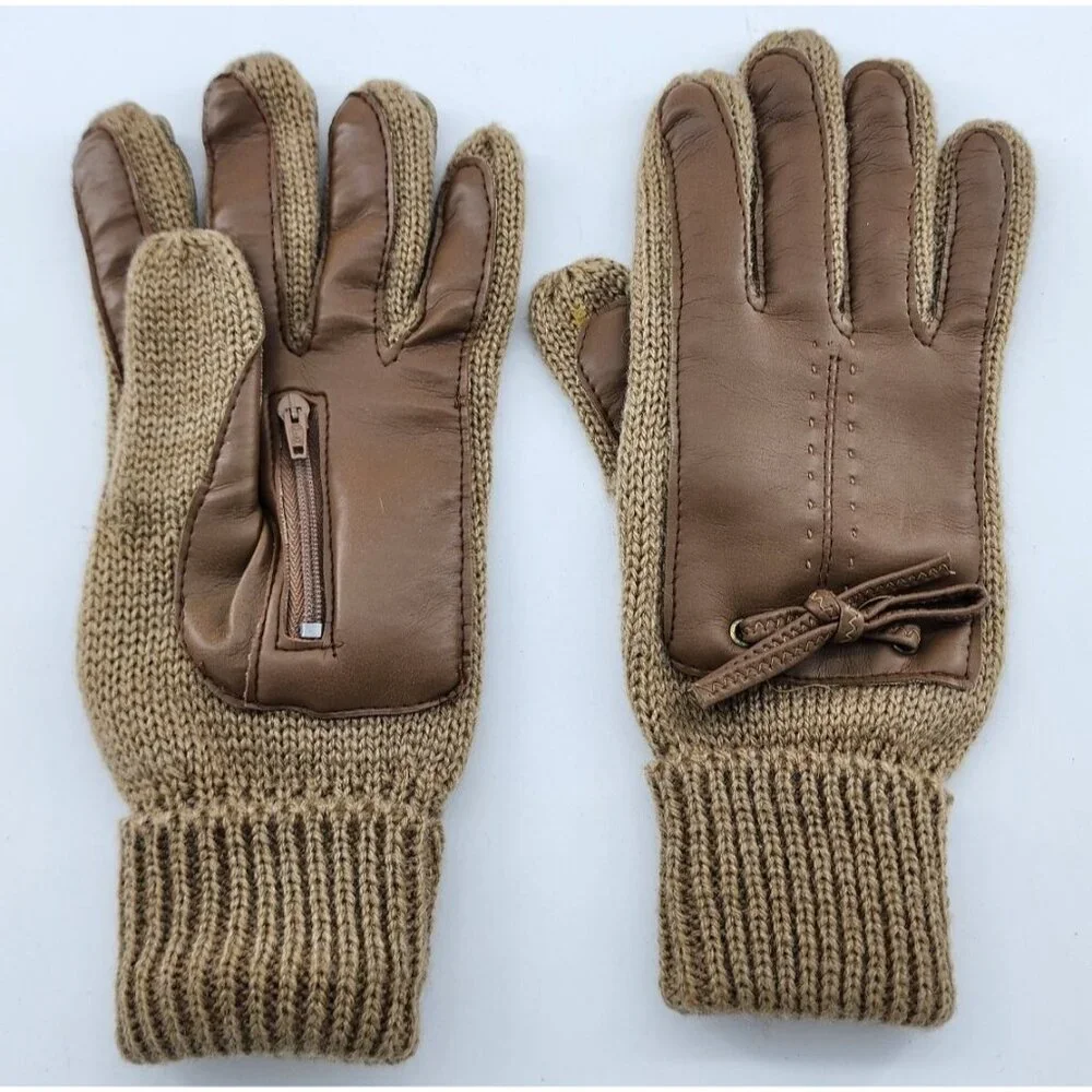 Vtg Womens Beige Acrylic Knit Gloves Vinyl Accents WPL 12931 Made in Taiwan OSFA